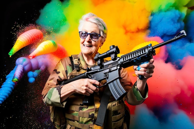 AI illustration of a grandma posing with a weapon