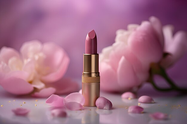Иллюстрация розовой помады в цветущих цветах косметического и макияжного продукта