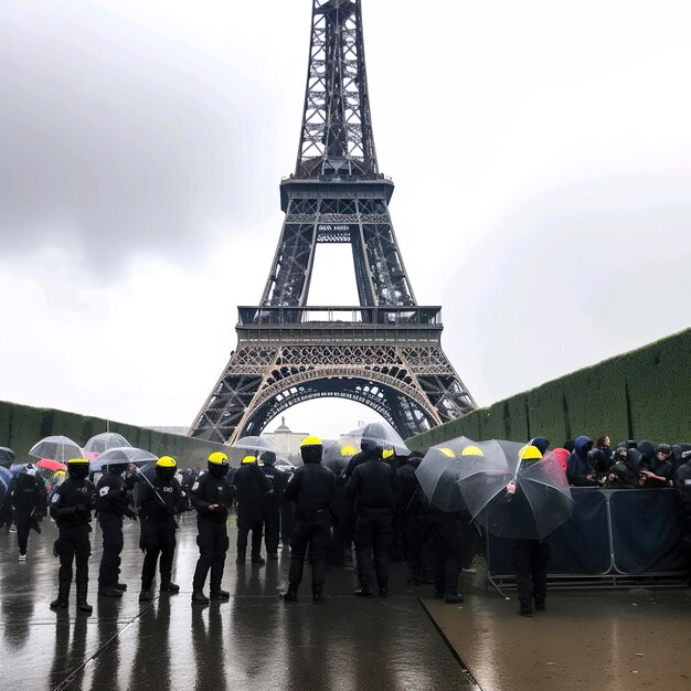 Photo ai illustration of riot police in the streets watching the eiffel tower in the back