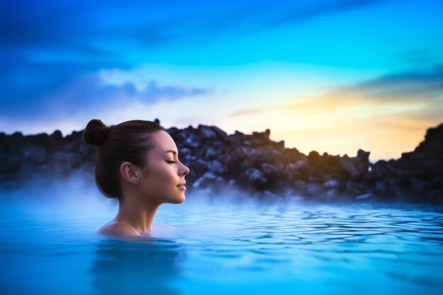 Foto un'illustrazione ai di una donna che galleggia in una piscina di sorgenti termali