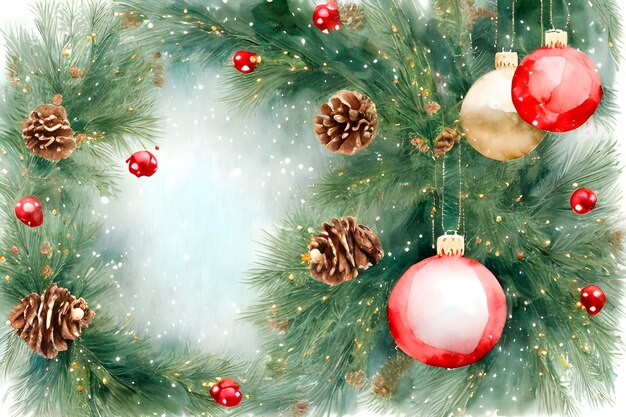 AI image of Christmas composition of Christmas tree branches winter snow and decoration baubles