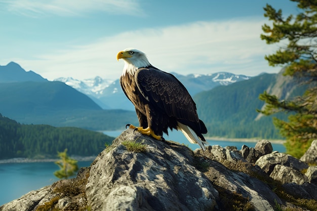 AI Image Een Amerikaanse zeearend zit op een rots met bergen op de achtergrond