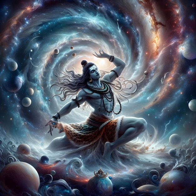 AI image of Lord Shiva in a dynamic dance pose surrounded by swirling galaxies and stars