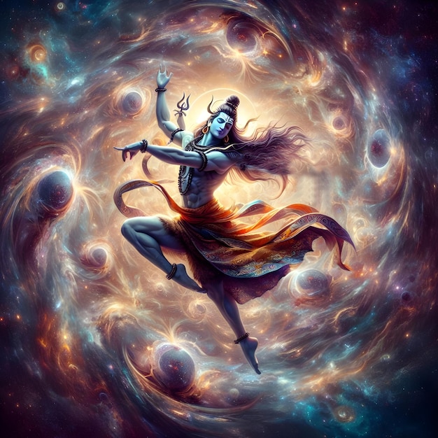 AI image of Lord Shiva in a dynamic dance pose surrounded by swirling galaxies and stars