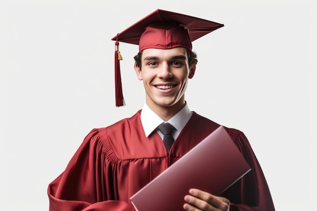 AI image man in a red cap and gown holds a diploma