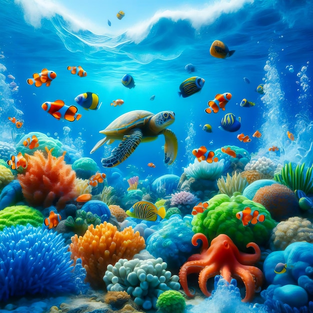 ai image under water sea with fish coral octopus and sea turtle realistic photo background