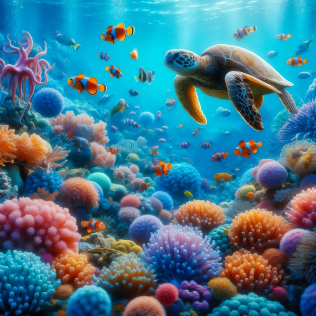 ai image under water sea with fish coral octopus and sea turtle realistic photo background