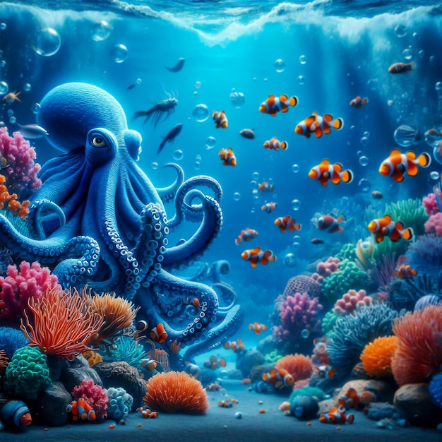 изображение подводного моря с рыбой коралловым осьминогом и морской черепахой реалистичный фоновый фото