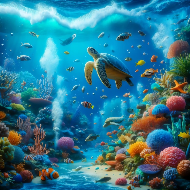 ai image under water sea with fish coral octopus and sea turtle realistic photo background