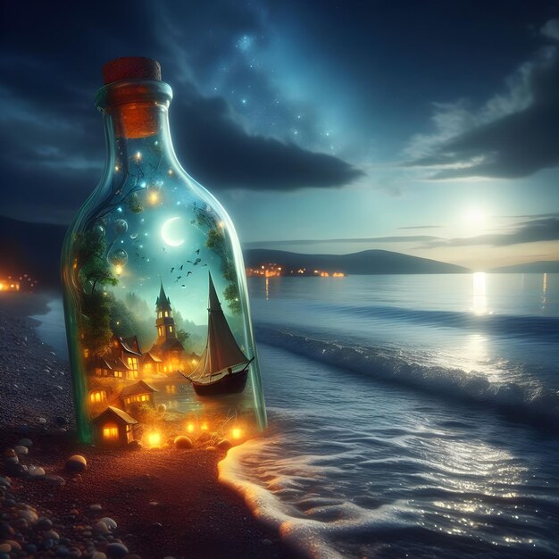 AI image of a whimsical world contained within a bottle drifting along the shores