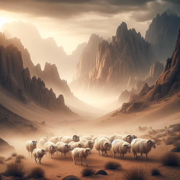 Foto ai immagini di eid al adha pecore mucca e cammello che camminano attraverso la valle di montagna rocciosa del deserto nel