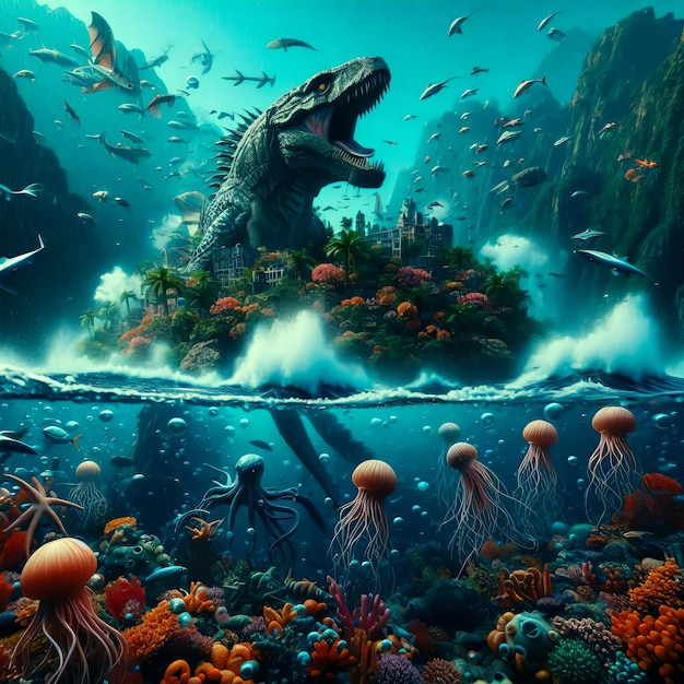 ai images jurassic monster under water blue sea and Abandoned Island