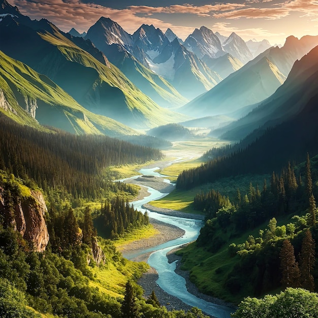 ai images mountain green forest and valley with river running through it