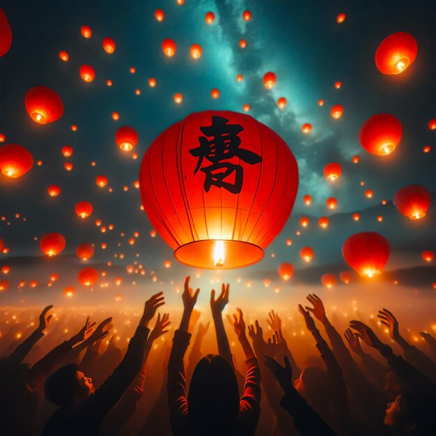 ai images a person hand hold and make Flying a Red Chinese New Year Lantern with night sky and star