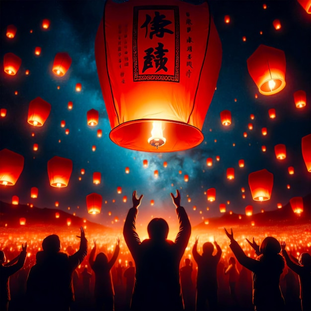 ai images a person hand hold and make Flying a Red Chinese New Year Lantern with night sky and star