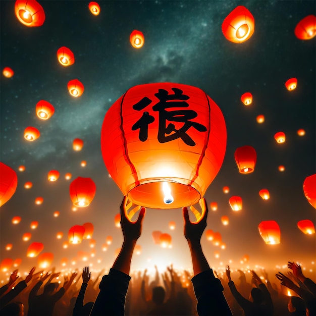 밤하늘과 별이 있는 은 중국 신년 랜턴을 날리는 사람의 손을 잡고 만드는 이미지