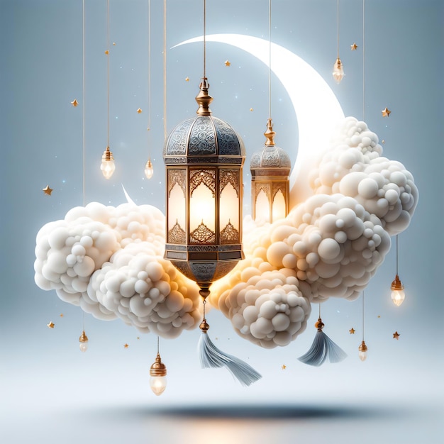 ai images Ramadan Mubarak night with white mosque bright lantern and cloudy sky background