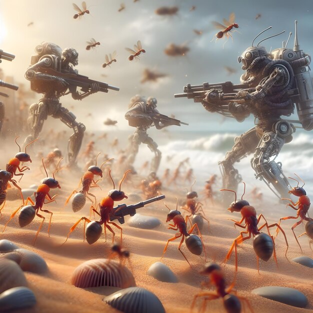 Photo ai of an insect war where the ants are all dressed in mechanical armor and hold guns