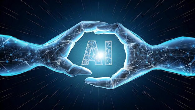 AIは未来です - 青と仮想の手のシンボルを持つデジタル画像 - 科学と技術