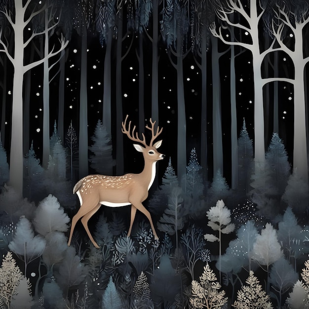 Photo ai of karla gerard style mixed with loish style of a coniferous forest with deer in the background