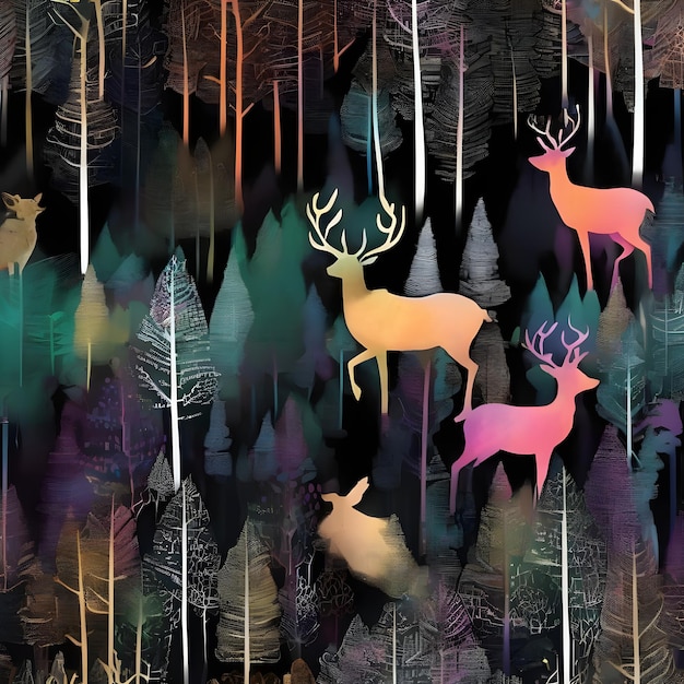 Photo ai of karla gerard style mixed with loish style of a coniferous forest with deer in the background