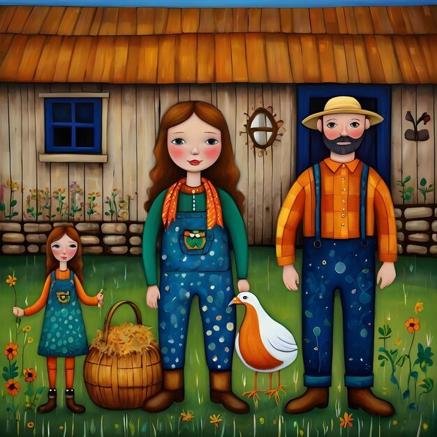 AI of karla gerard style mixed with Loish style of an Irish farmerwifechildren in front of barn