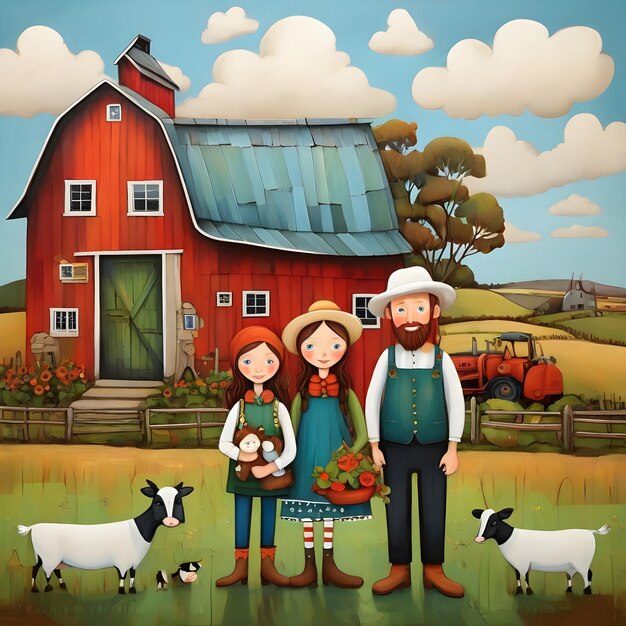 Photo ai of karla gerard style mixed with loish style of an irish farmerwifechildren in front of barn