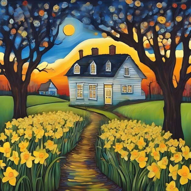 AI of the karla gerard style mixed with Loish style of pathway through the beautiful daffodil farm