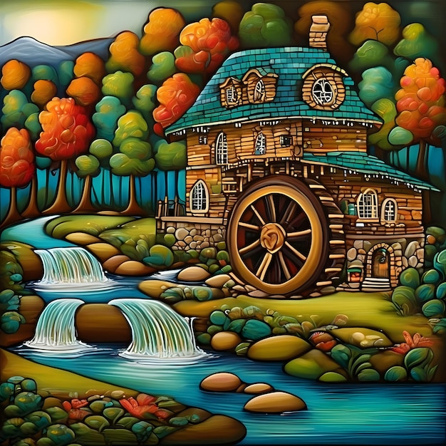 AI of karla gerard water wheel cottage by the streaming river surrounded by gorgeous forest art