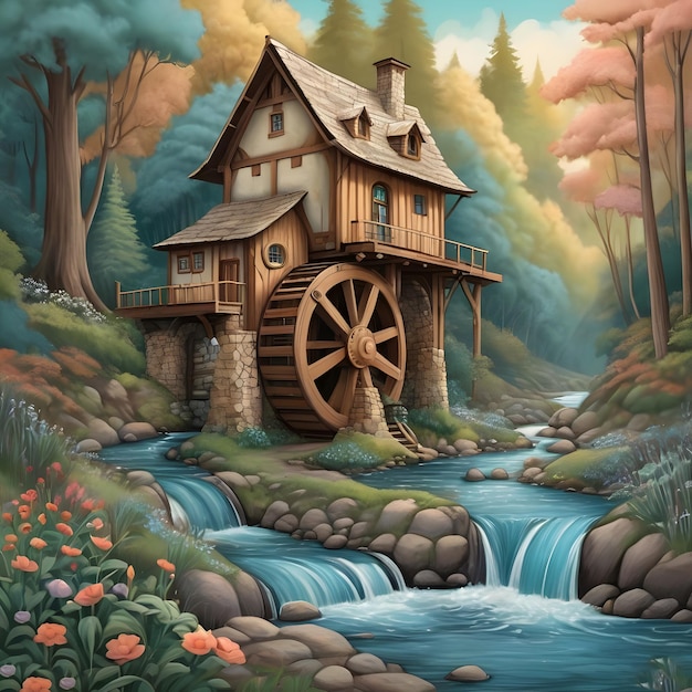 AI of karla gerard water wheel cottage by the streaming river surrounded by gorgeous forest art