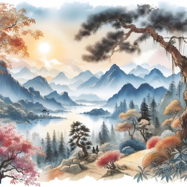AI klassieke Chinese aquarel schilderij van met prachtige landschappen en bergen