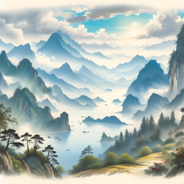 AI klassieke Chinese aquarel schilderij van met prachtige landschappen en bergen