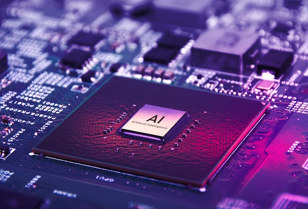 Ai kunstmatige intelligentie concept close up van microprocessor op mainboard elektronische computer achtergrond futuristische innovatieve technologieën