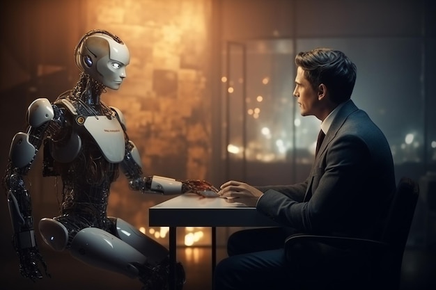 AI kunstmatige intelligentie of humanoïde robot in gesprek met mens Raadpleeg en adviseer verstandig projectontwikkeling