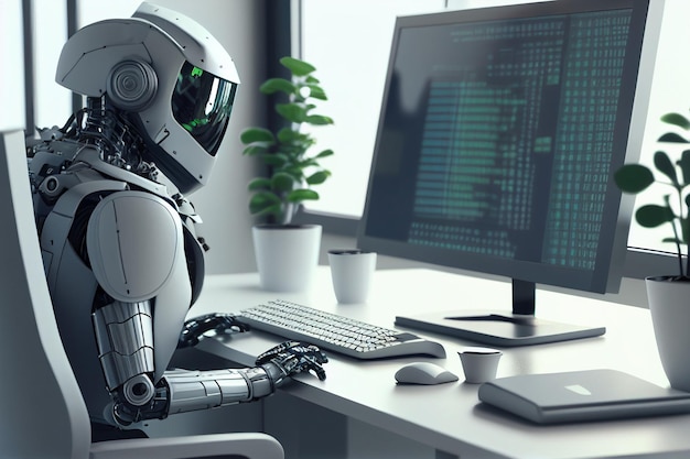 AI kunstmatige intelligentie technologie robot chatbot werkt aan laptop leren en vragen beantwoorden Generatieve ai