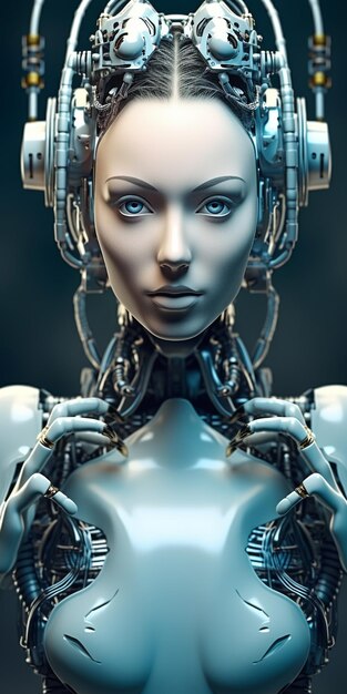 Foto illustrazione di una faccia robotica femminile collegata