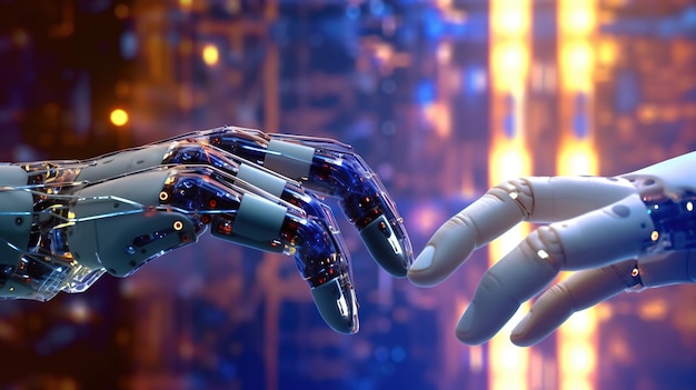 AI machine learning handen van robot en mens aanraken op big data netwerk verbinding achtergrond generatieve AI