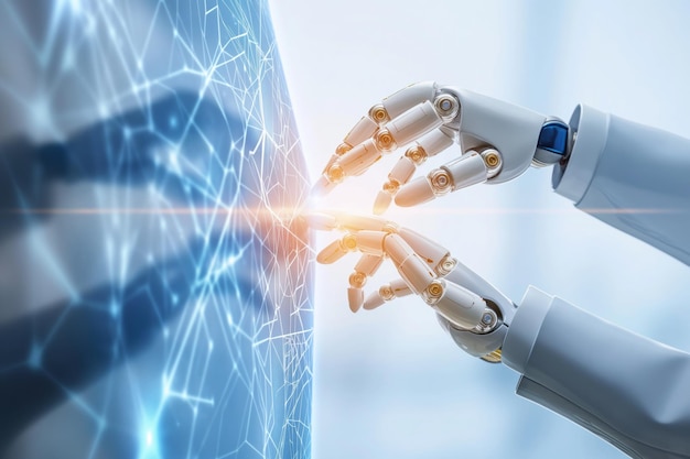 機械学習 - ロボットと人間の手がビッグデータネットワーク接続データ交換ディープラーニングジェネレーティブAI