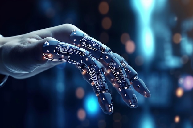 AI Machine learning Hands of robot and human touching on big data network connection Data exchange deep learning Science and artificial intelligence technology Generative AI