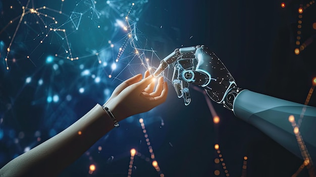 AI Machine learning Hands of robot and human touching on big data network connection Data exchange deep learning Science and artificial intelligence technology innovation of futuristic