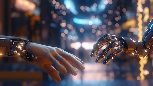 Машинное обучение искусственного интеллекта. Руки робота и человека соприкасаются в сети больших данных.