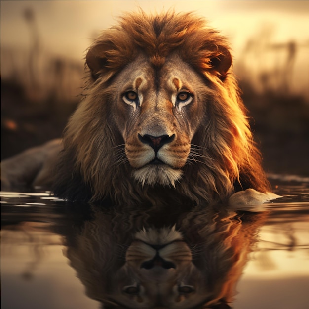 AI Majestic Lion отражается в воде