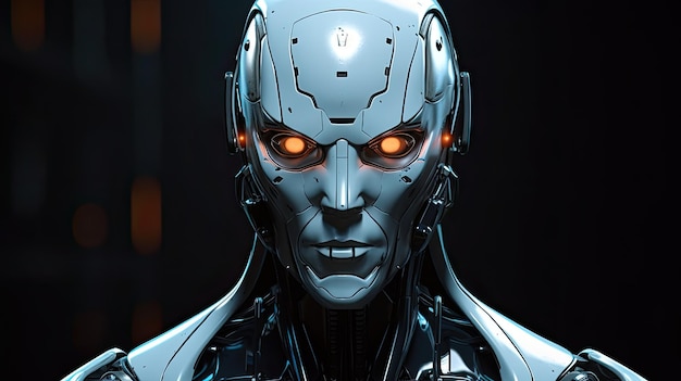 Мужская голова робота с светящимися глазами на черном фоне Искусственный интеллект и будущее техно