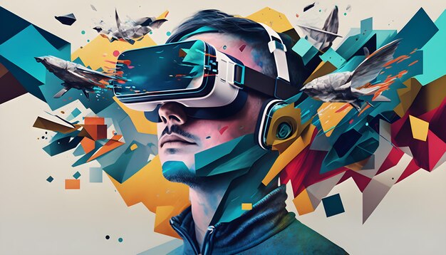 Концептуальный коллаж AI Metaverse с человеком в гарнитуре VR, плавающим в абстрактных формах, генерирующих ИИ