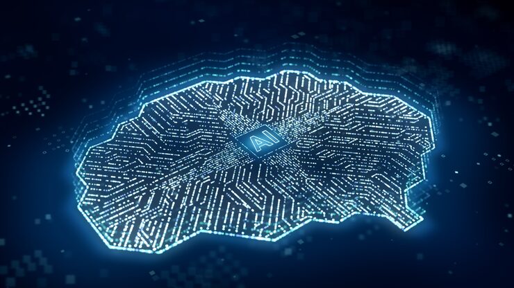 Photo ai 마이크로프로세서는 뇌 회로 컴퓨터, 중앙 프로세서 장치 또는 cpu 내부의 인공 지능, 3d 렌더링 미래 딥 러닝 기술 3d 일러스트레이션을 통해 디지털 데이터를 전송합니다.