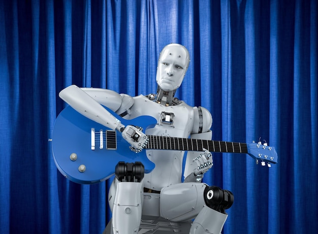 Compositore o generatore di musica ai con robot che suona la chitarra