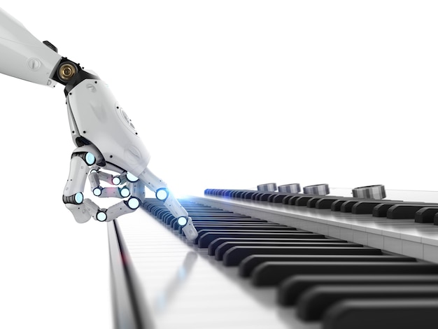 Foto compositore o generatore di musica ai con robot che suona il pianoforte