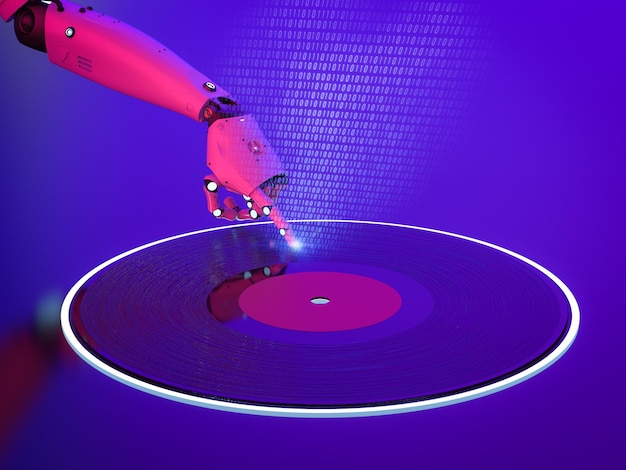 Foto compositore o generatore di musica ai con robot con disco in vinile