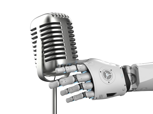 Ai music composer or generator with singer robot hold microphone