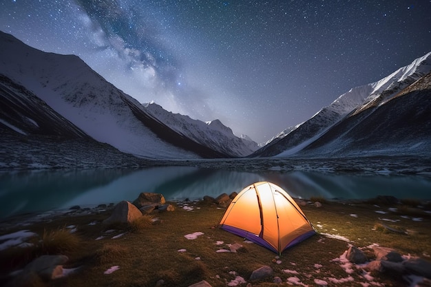 AI Night Snowy Mountain Tent Camp